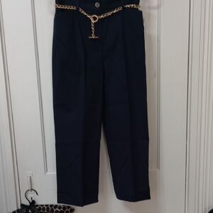 🥰3/$25 NWT JONES NEW YORK SIGNATURE Women's Navy Trousers with Gold Belt Accent